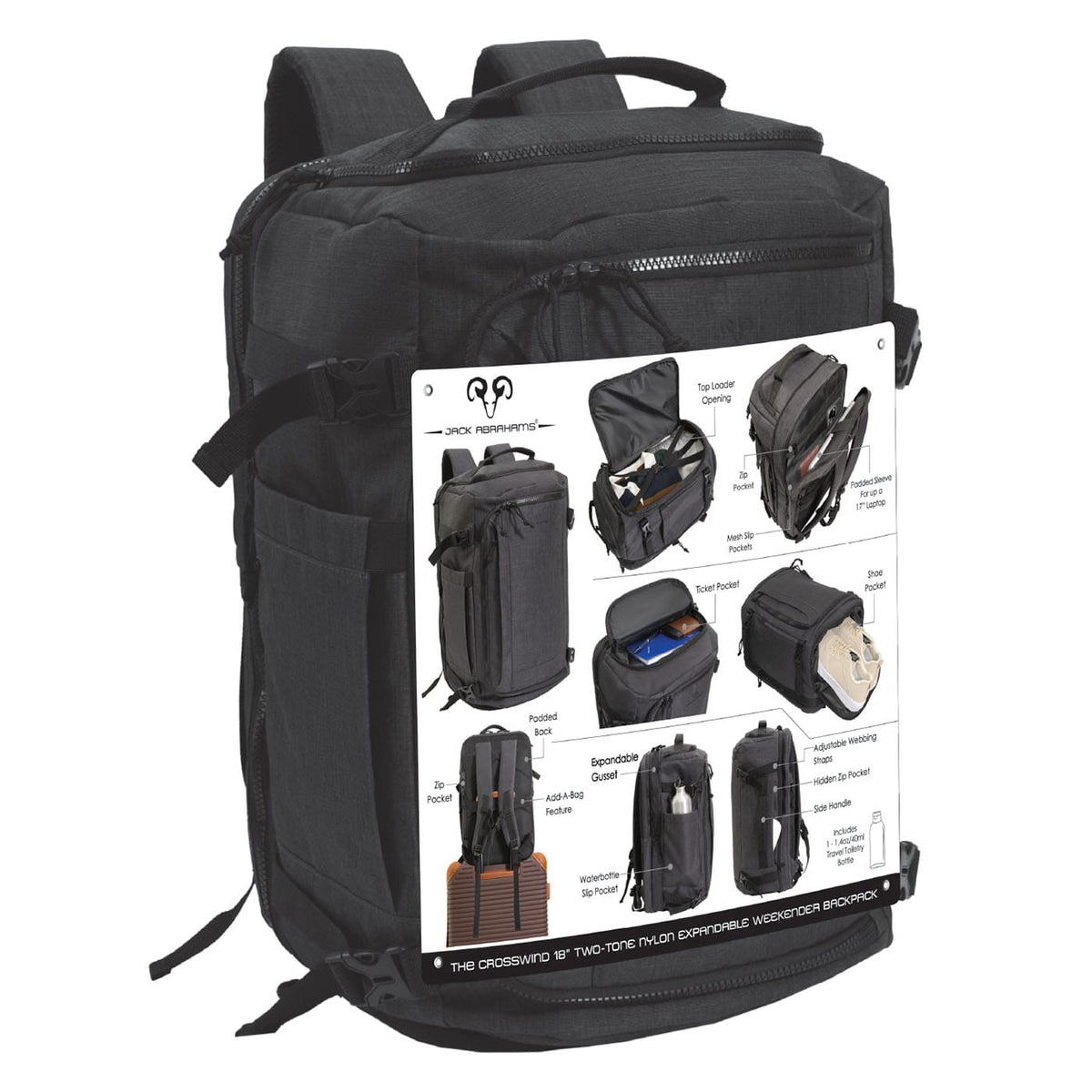 Jack Abrahams The Crosswind 18 Inch Nylon Expandable Weekender Backpack
