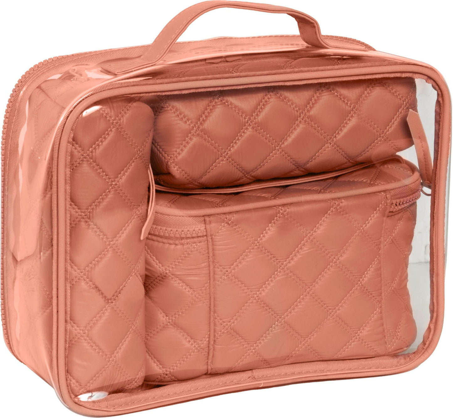 Joan & David Diamond Quilted Puffer Sport Nylon 4 Piece Clear Cosmetic Bag Set