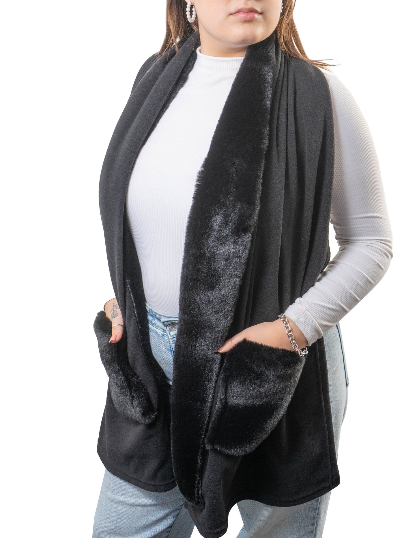 Jessica McClintock Solid Fleece Shawl with Faux Mink Fur and Pockets