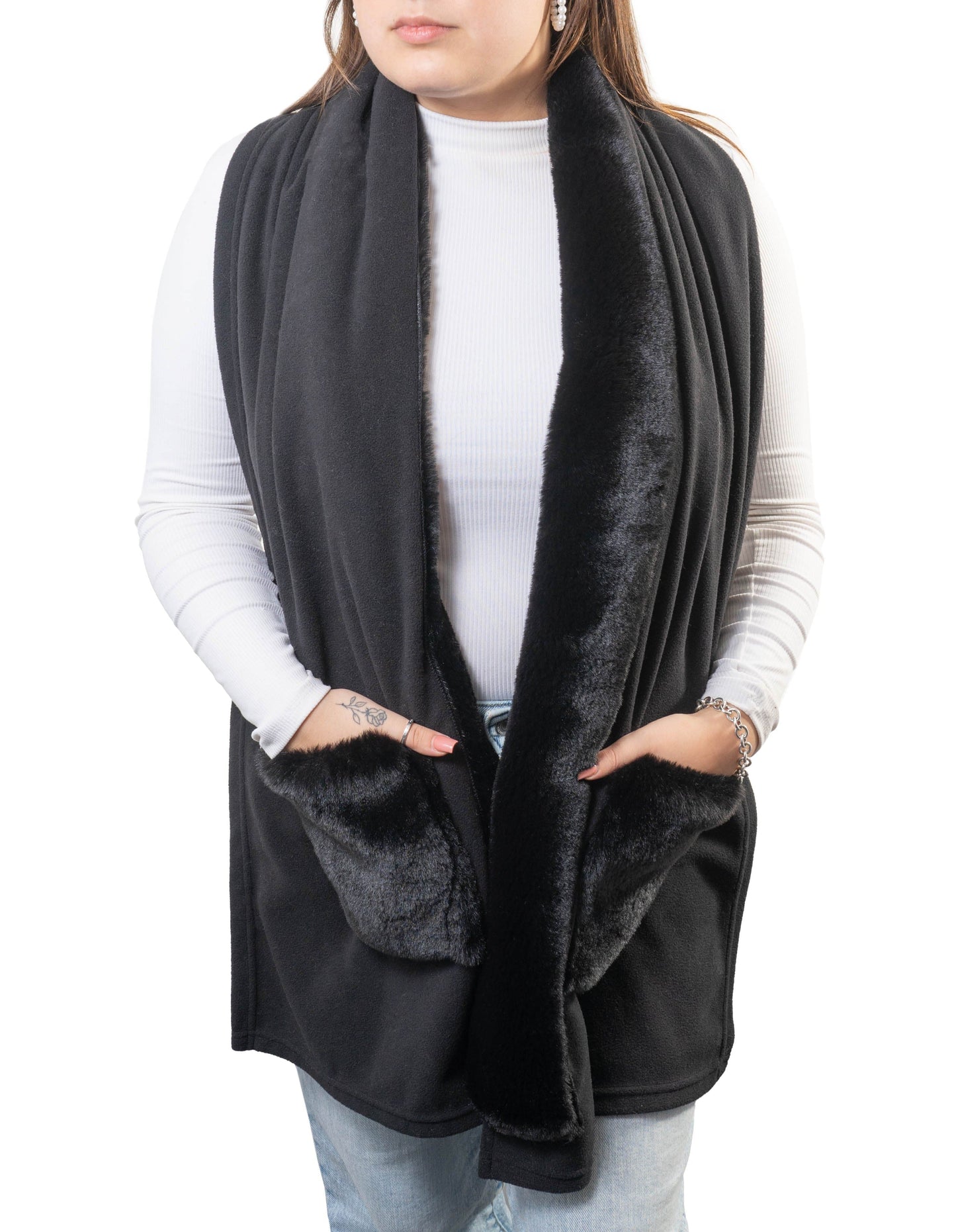 Jessica McClintock Solid Fleece Shawl with Faux Mink Fur and Pockets