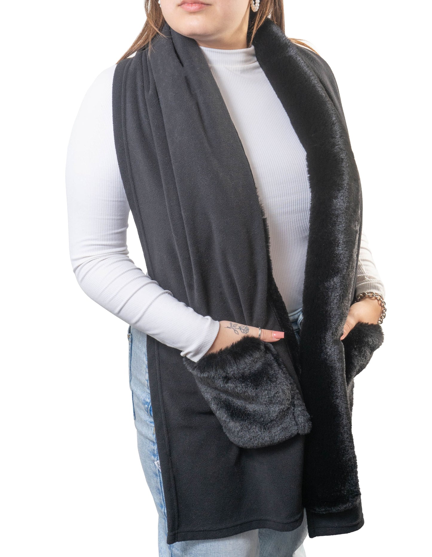 Jessica McClintock Solid Fleece Shawl with Faux Mink Fur and Pockets