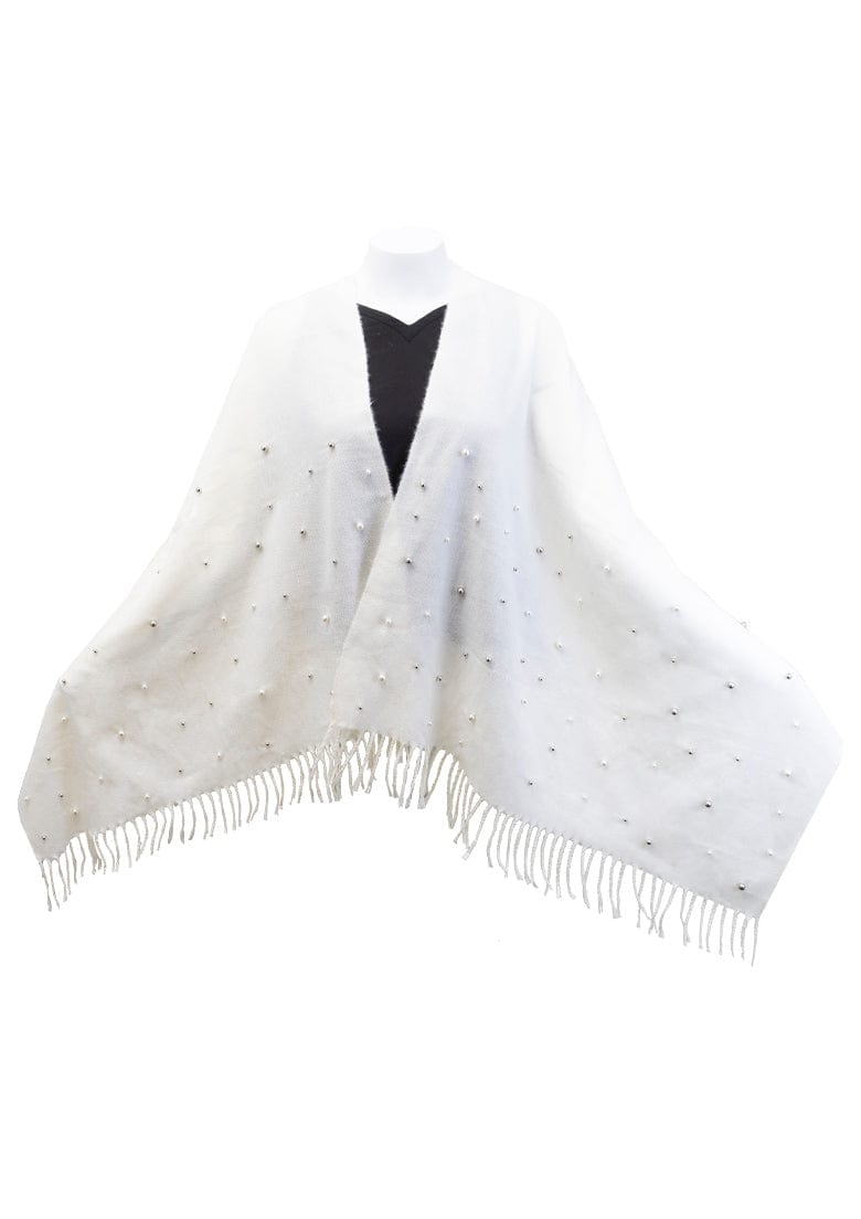 Jessica McClintock Pearl-Embellished Brushed Scarf with Fringe Edges