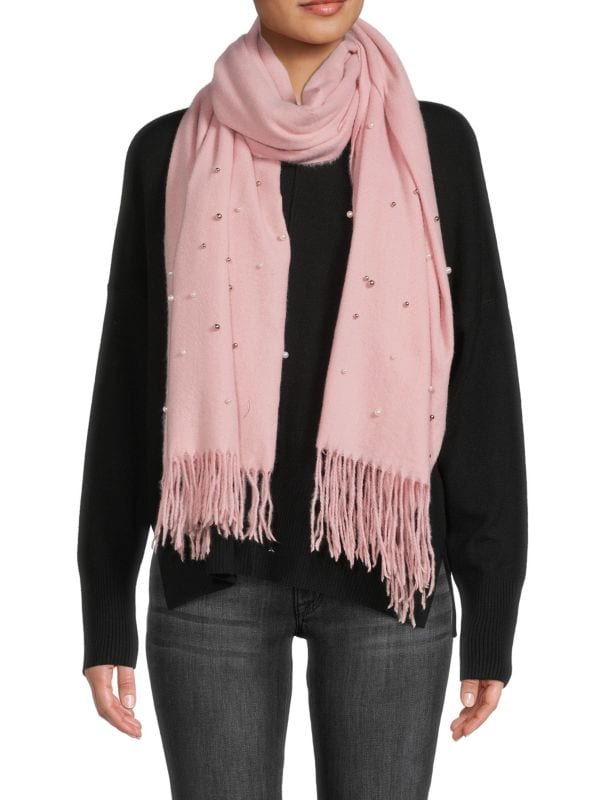 Jessica McClintock Pearl-Embellished Brushed Scarf with Fringe Edges