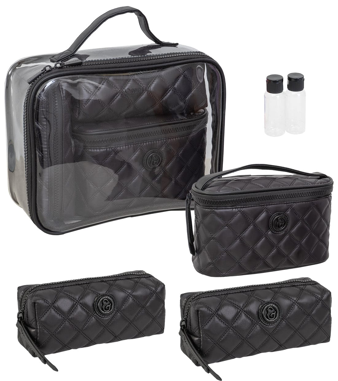 Joan & David Diamond Quilted Puffer Sport Nylon 4 Piece Clear Cosmetic Bag Set