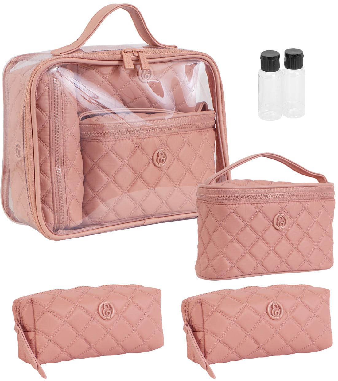 Joan & David Diamond Quilted Puffer Sport Nylon 4 Piece Clear Cosmetic Bag Set