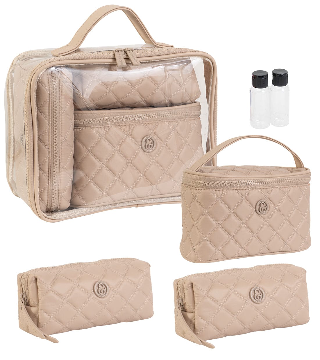 Joan & David Diamond Quilted Puffer Sport Nylon 4 Piece Clear Cosmetic Bag Set