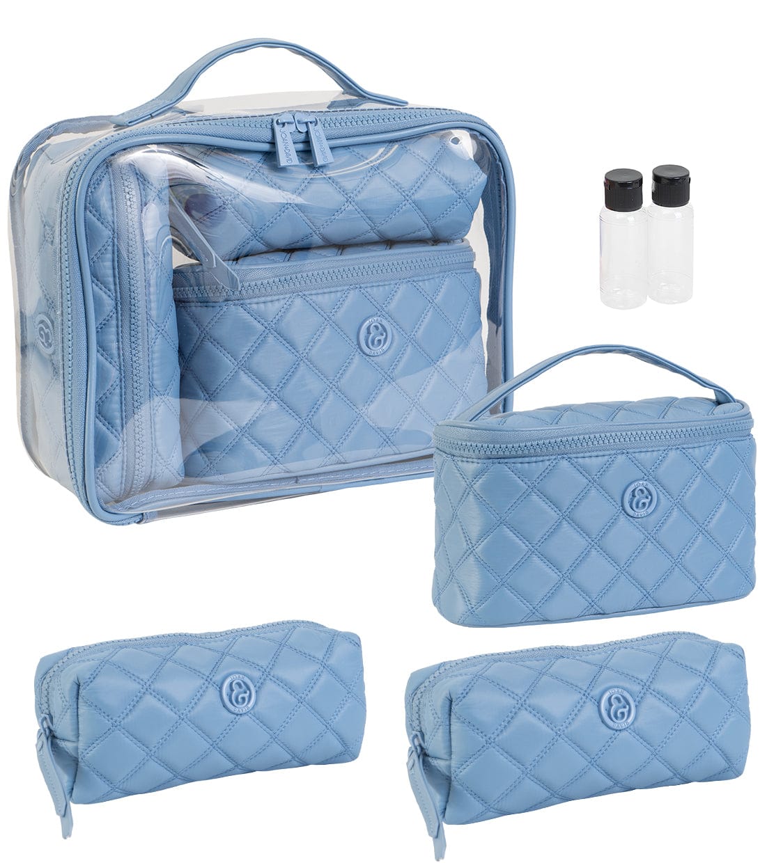 Joan & David Diamond Quilted Puffer Sport Nylon 4 Piece Clear Cosmetic Bag Set