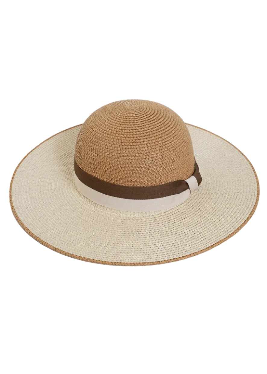 Max Studio Contrast Ribbon Straw Floppy Hat