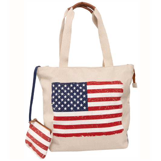 Magid Canvas American Flag Heart Tote With Pouch