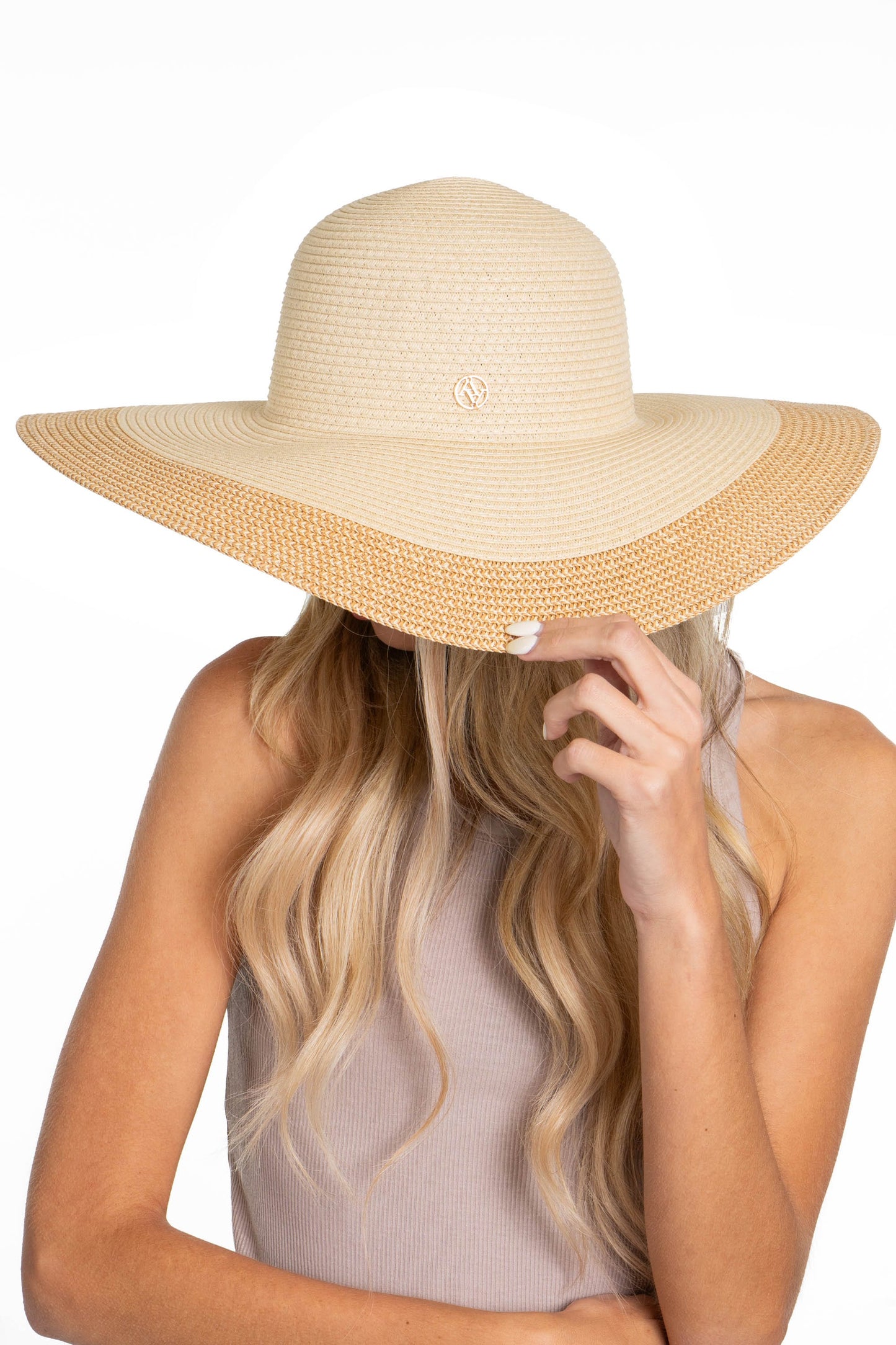 Adrienne Vittadini Large Brim Straw Color Block Floppy Hat