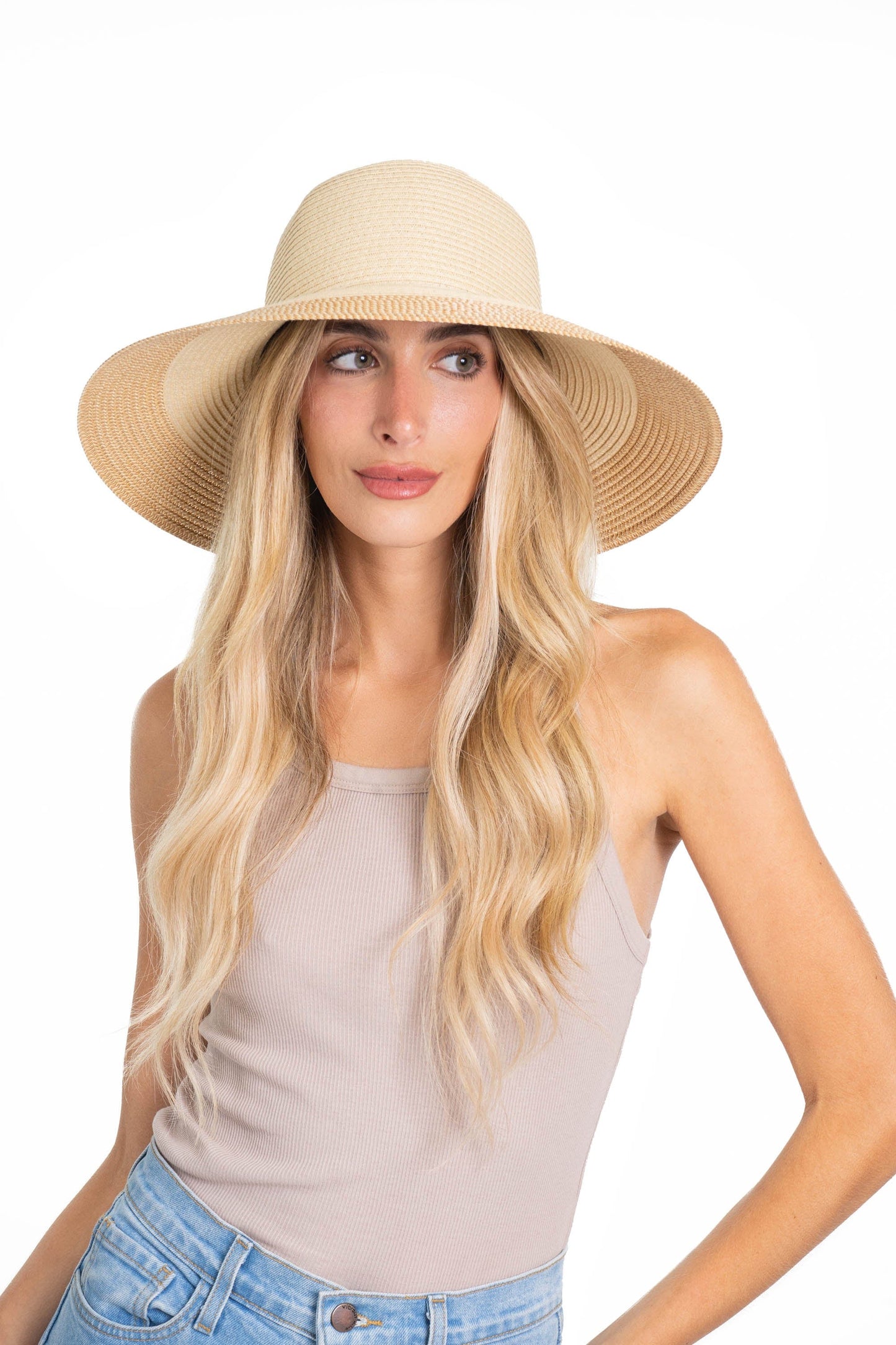 Adrienne Vittadini Large Brim Straw Color Block Floppy Hat