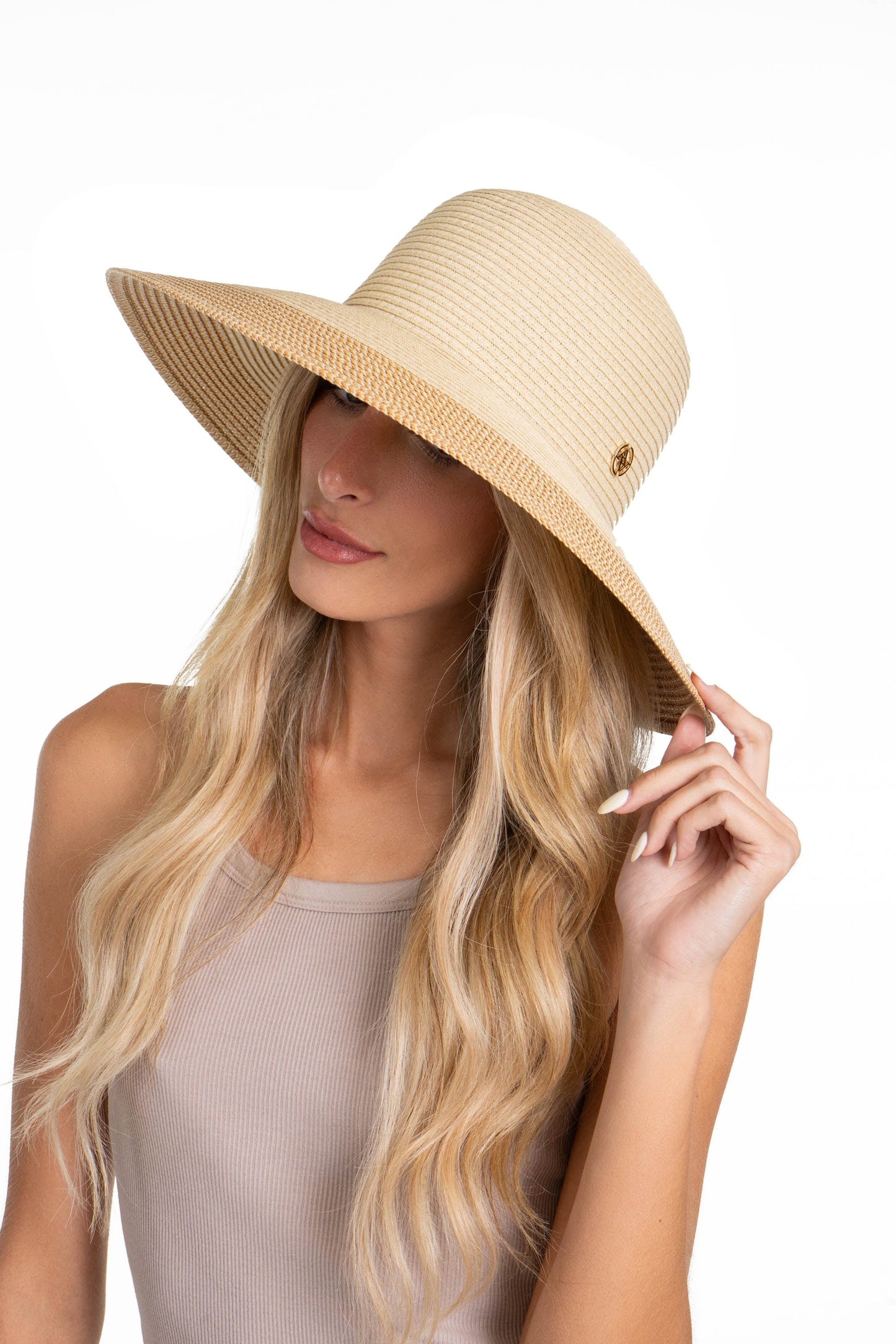 Adrienne Vittadini Large Brim Straw Color Block Floppy Hat