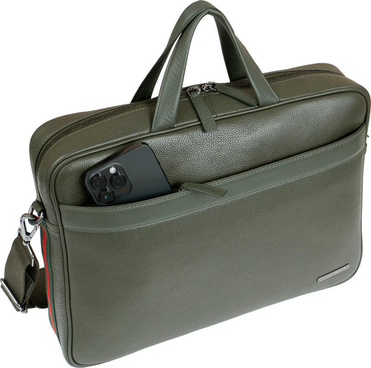 Hey Handsome 18" Pebble Grain Genuine Leather Briefcase - Olive