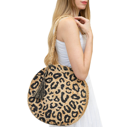 Magid Leopard Print Straw Jute Circle Tote