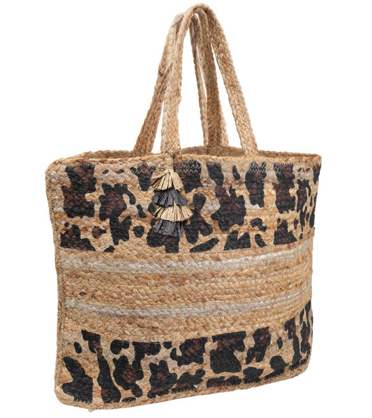 Magid Large East West Leopard Print Straw Jute Tote