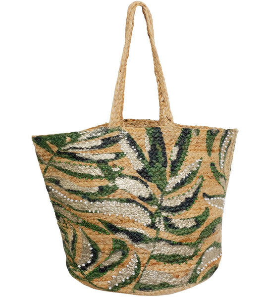 Magid Beaded Palm Print Natural Straw Jute Tote