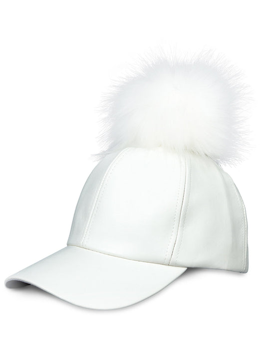 Magid Faux Leather & Fur Pom Pom Baseball Cap