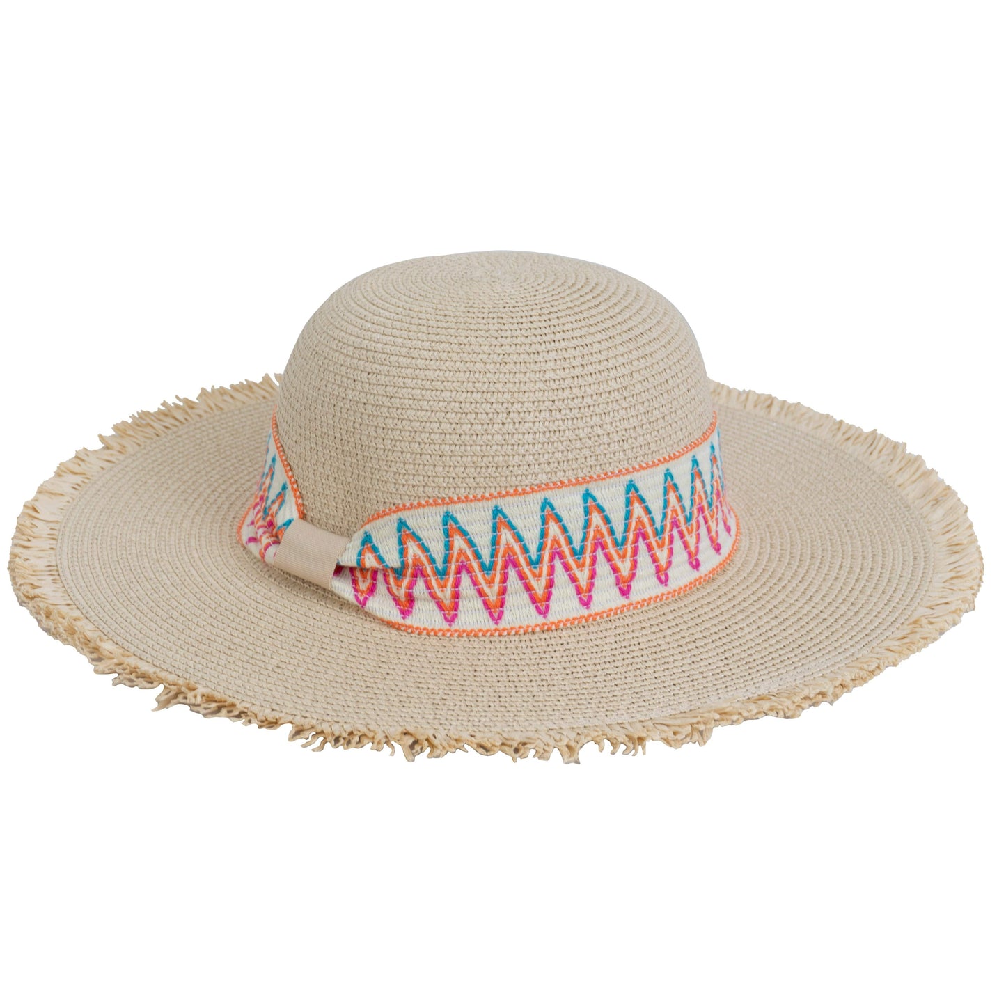 Magid Printed Ribbon & Frayed Brim Straw Floppy Hat