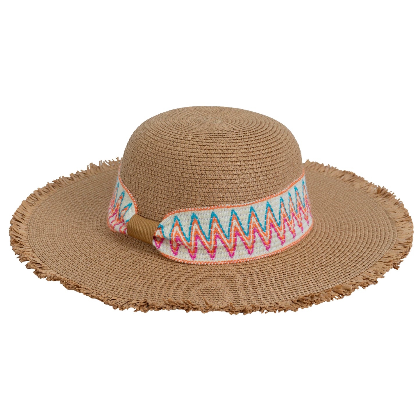 Magid Printed Ribbon & Frayed Brim Straw Floppy Hat