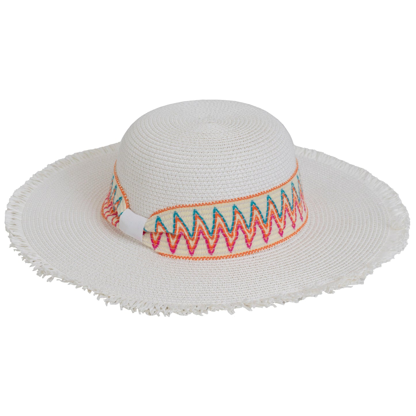 Magid Printed Ribbon & Frayed Brim Straw Floppy Hat