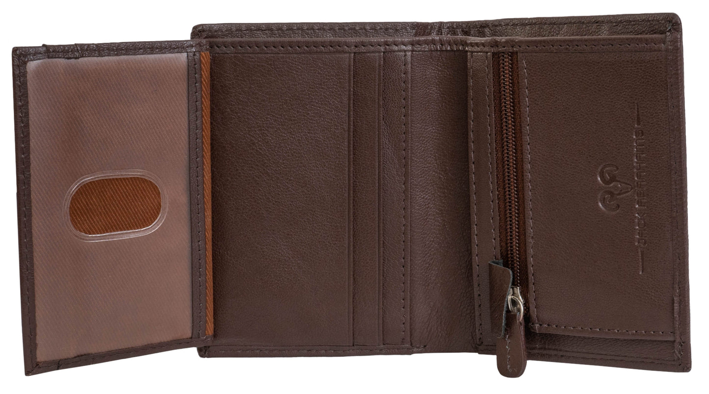 Jack Abrahams Goat Nappa Leather Bi-Fold Wallet with Zipper Pocket Brown