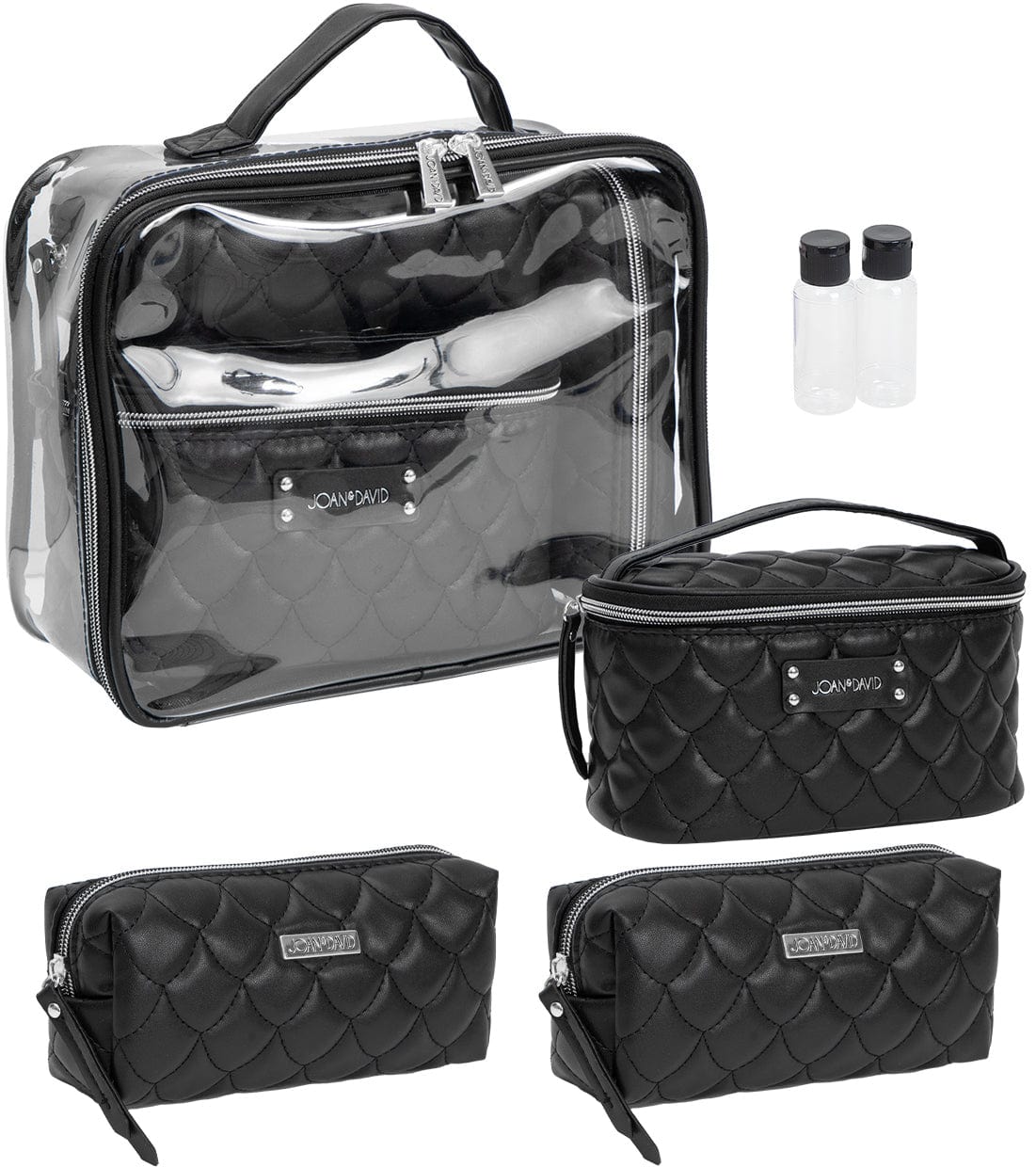 Joan & David Scallop Diamond Quilted Faux Leather 4-Piece Clear Cosmetic Bag Set