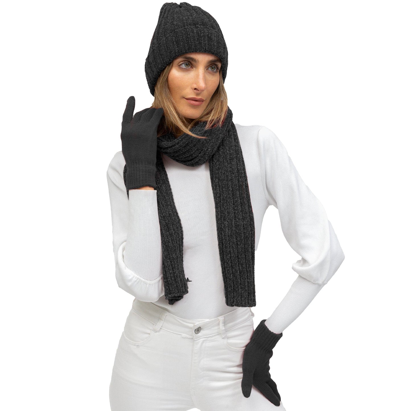 Just Jamie 3-Piece Melange Knit Hat, Scarf, and Gloves Set