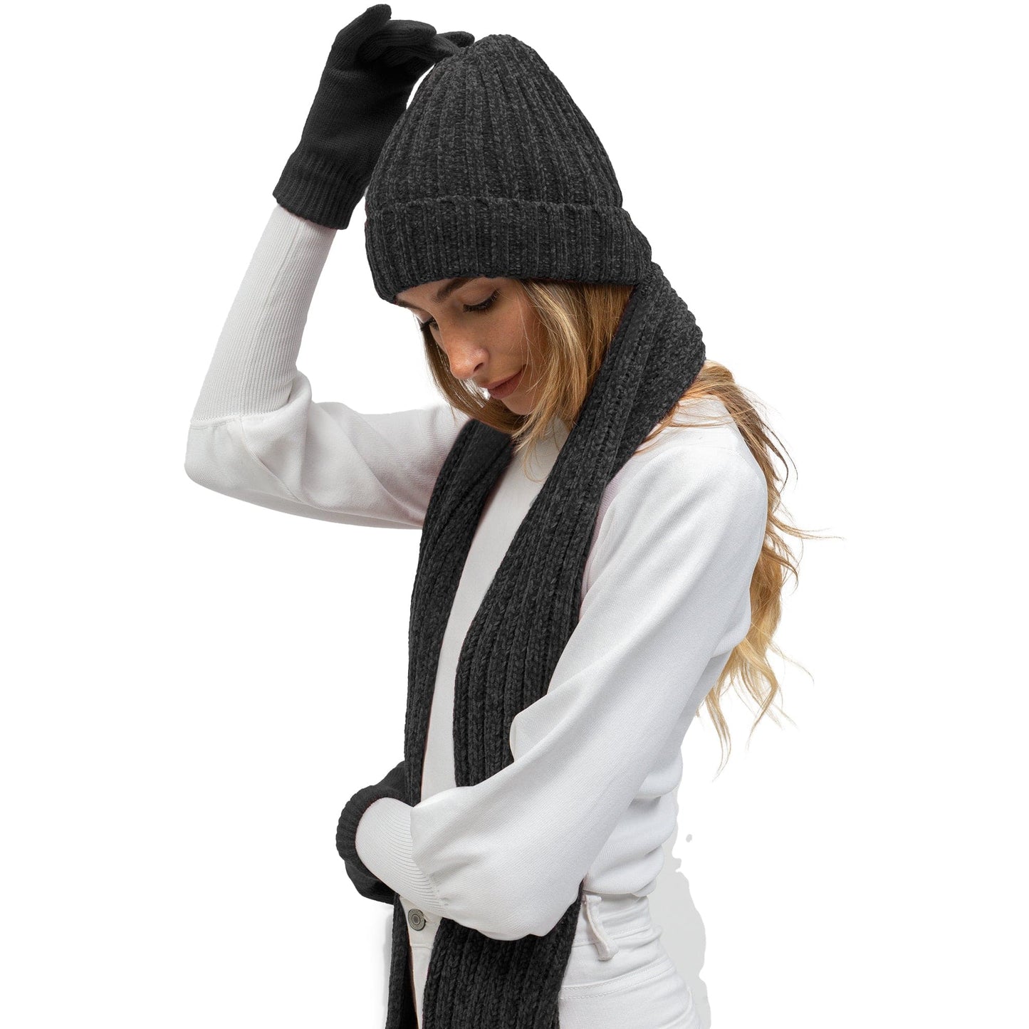 Just Jamie 3-Piece Melange Knit Hat, Scarf, and Gloves Set