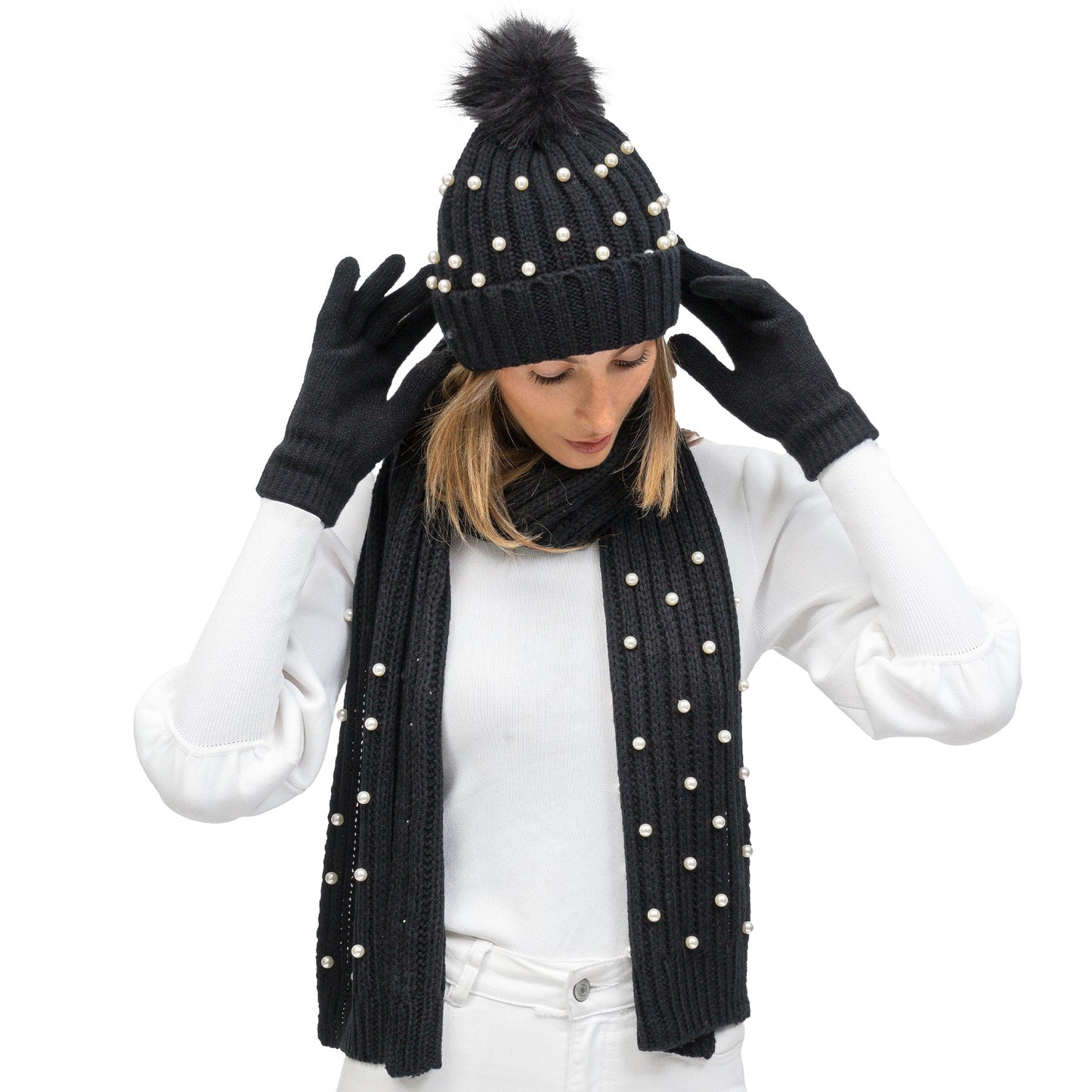 Just Jamie 3 Piece Pearl Knit Hat, Scarf, & Gloves Set