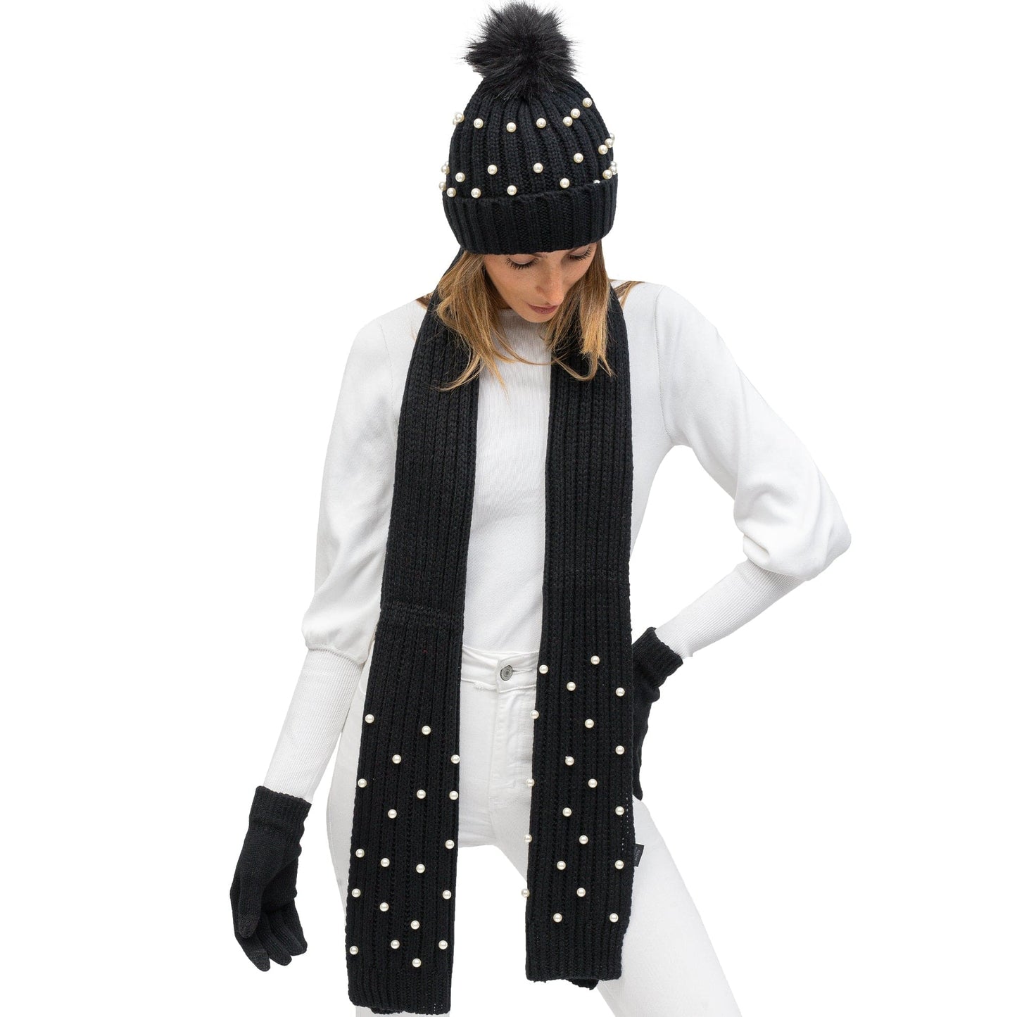 Just Jamie 3 Piece Pearl Knit Hat, Scarf, & Gloves Set