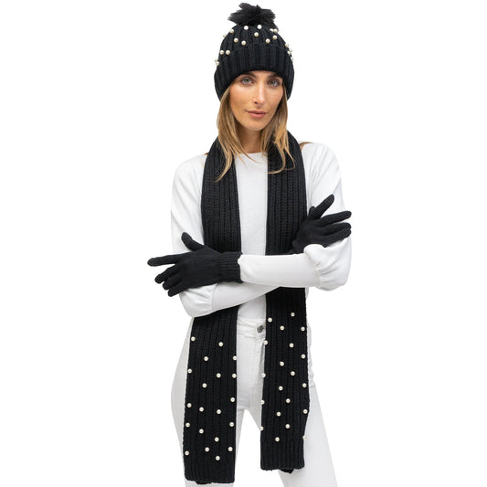 Just Jamie 3 Piece Pearl Knit Hat, Scarf, & Gloves Set