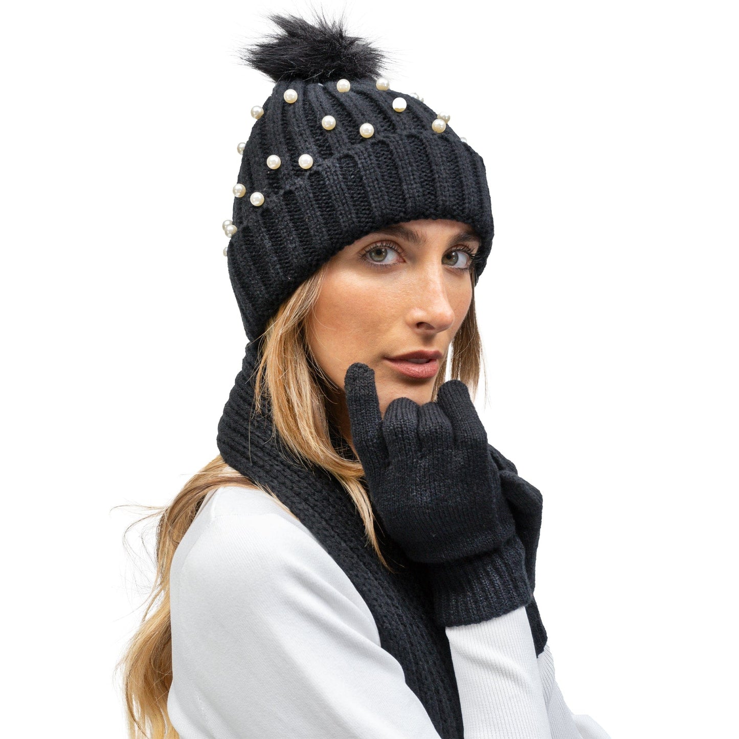 Just Jamie 3 Piece Pearl Knit Hat, Scarf, & Gloves Set