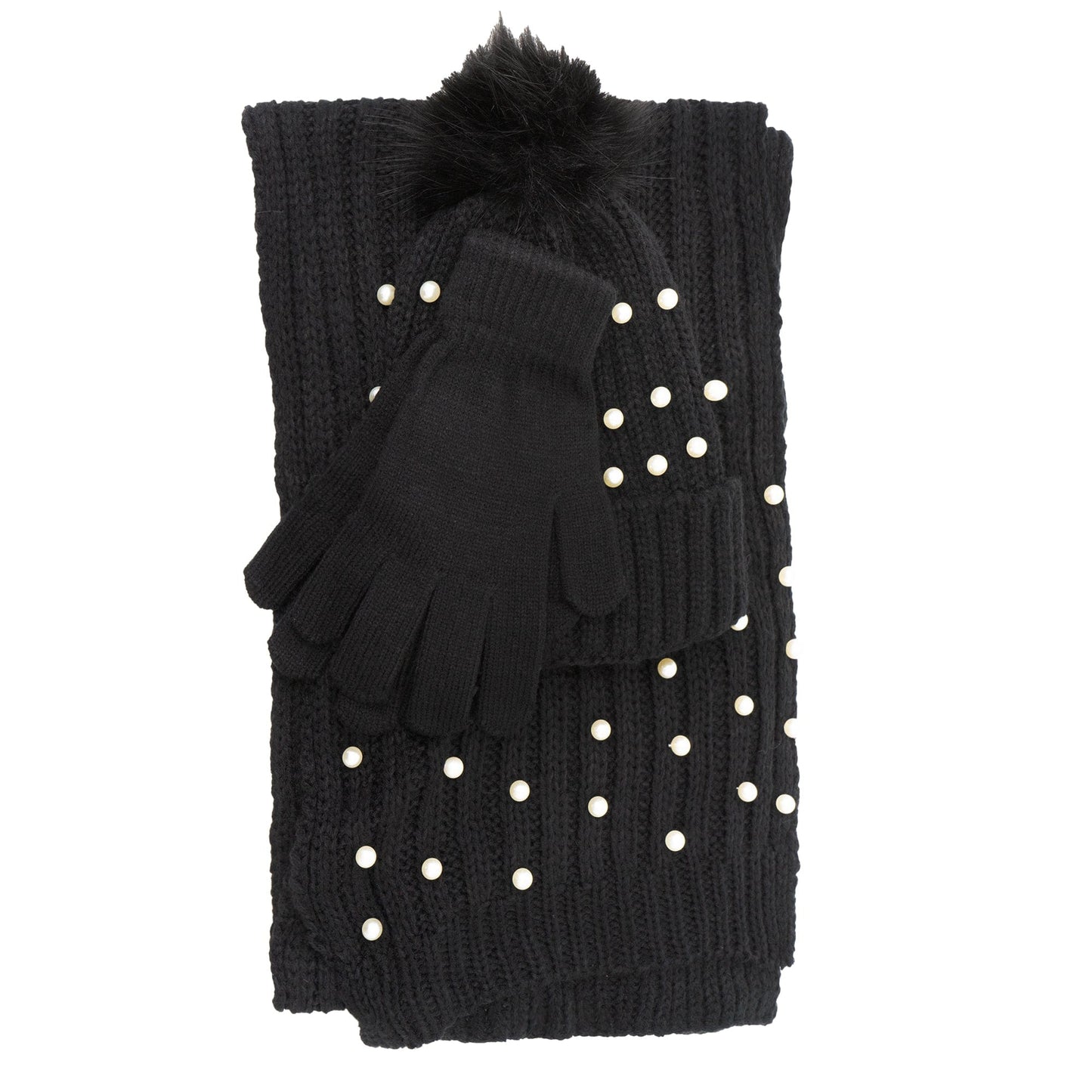 Just Jamie 3 Piece Pearl Knit Hat, Scarf, & Gloves Set