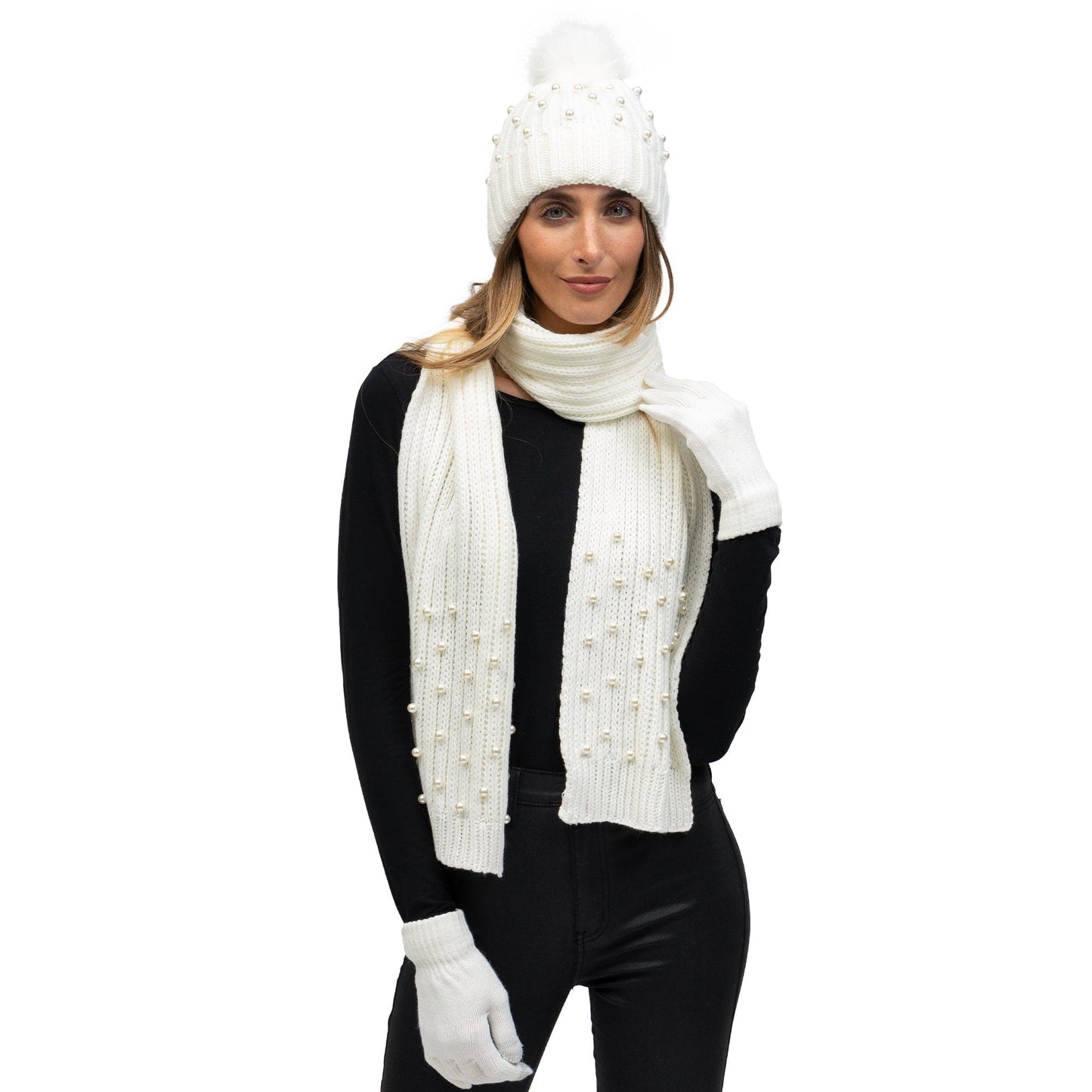 Just Jamie 3 Piece Pearl Knit Hat, Scarf, & Gloves Set