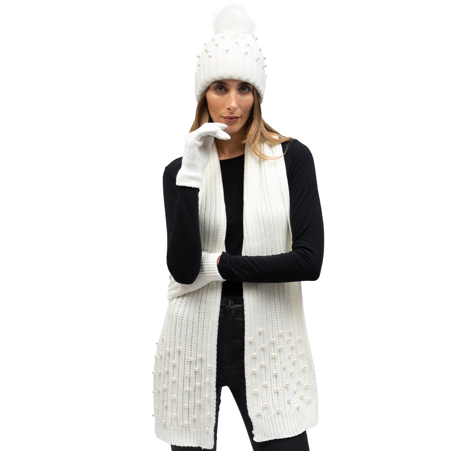 Just Jamie 3 Piece Pearl Knit Hat, Scarf, & Gloves Set