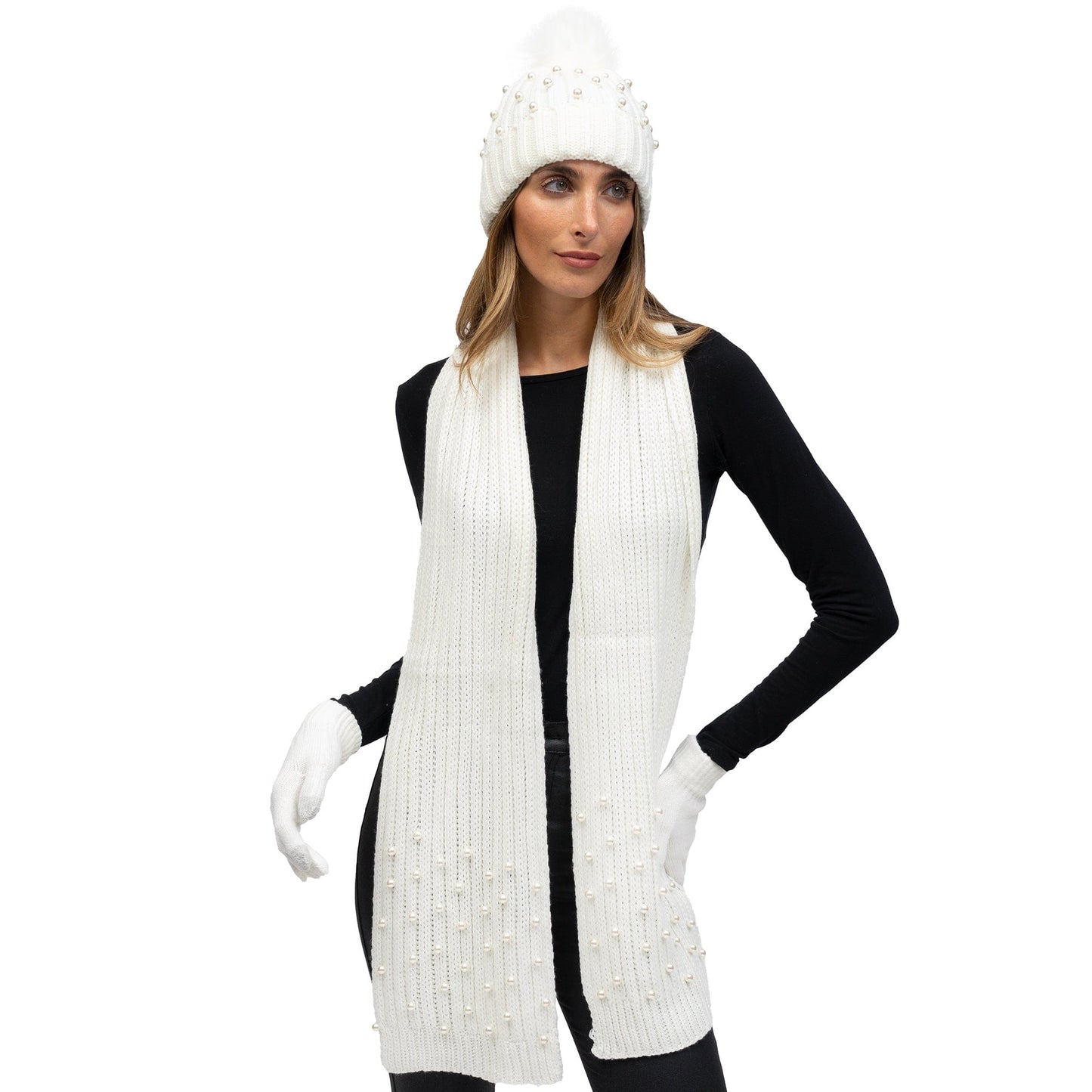 Just Jamie 3 Piece Pearl Knit Hat, Scarf, & Gloves Set