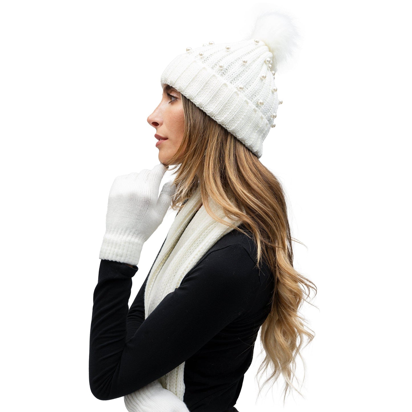 Just Jamie 3 Piece Pearl Knit Hat, Scarf, & Gloves Set