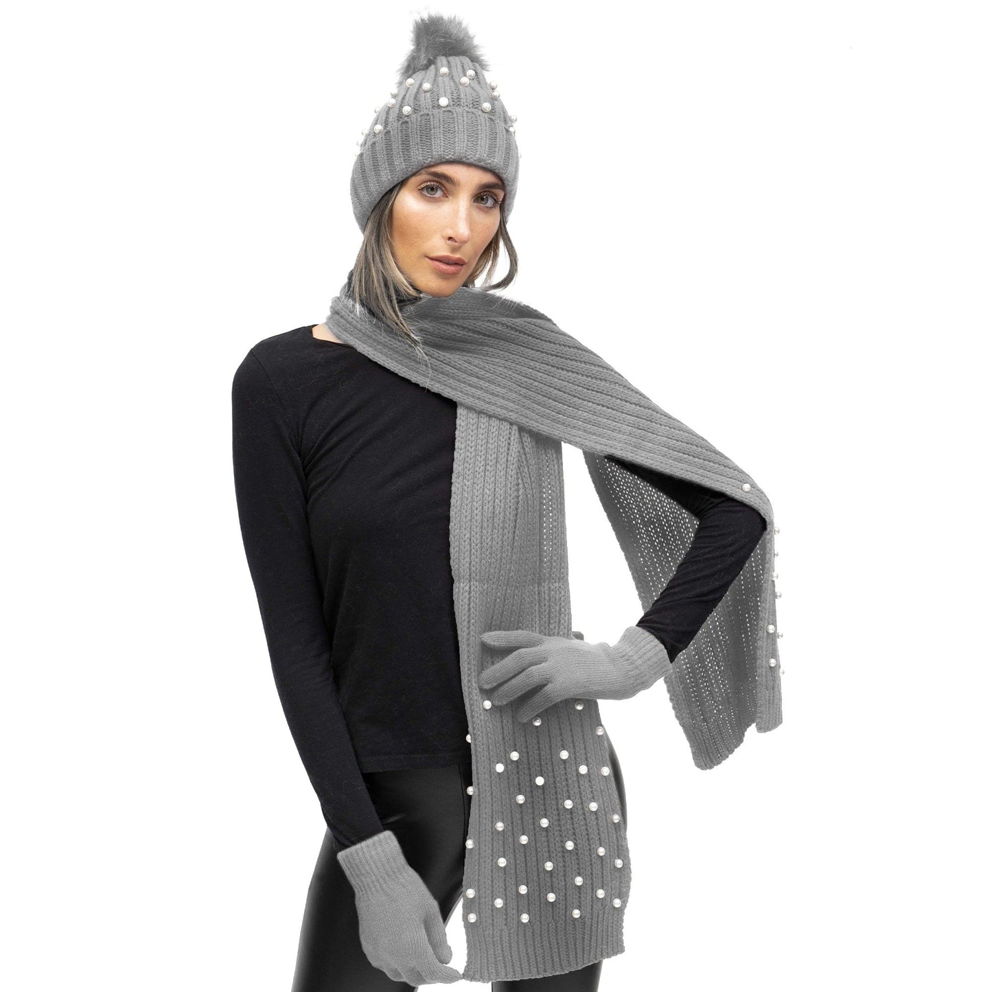 Just Jamie 3 Piece Pearl Knit Hat, Scarf, & Gloves Set