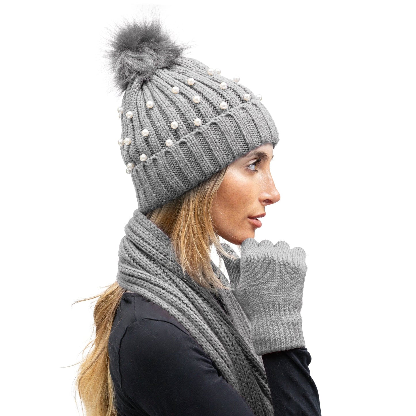 Just Jamie 3 Piece Pearl Knit Hat, Scarf, & Gloves Set