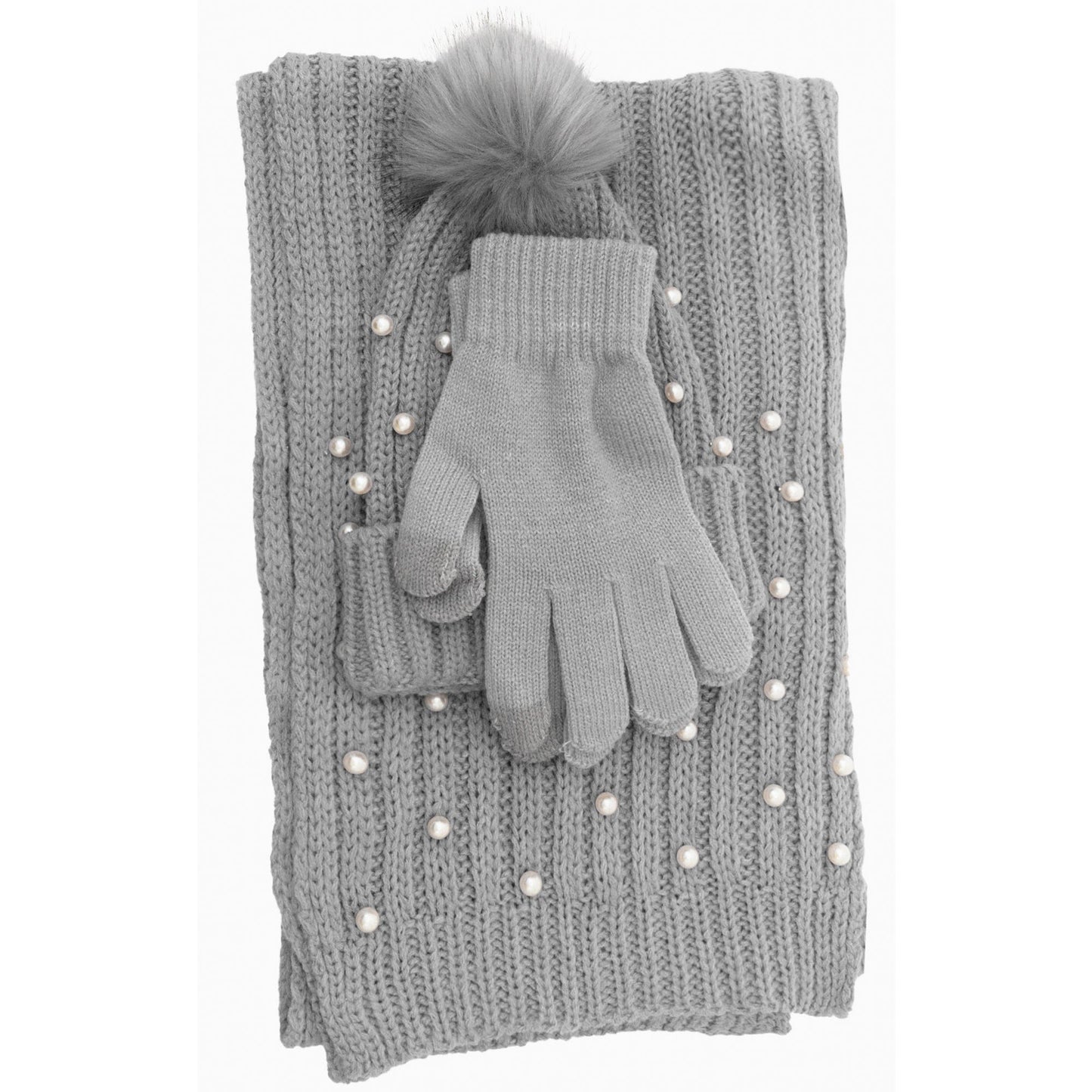 Just Jamie 3 Piece Pearl Knit Hat, Scarf, & Gloves Set