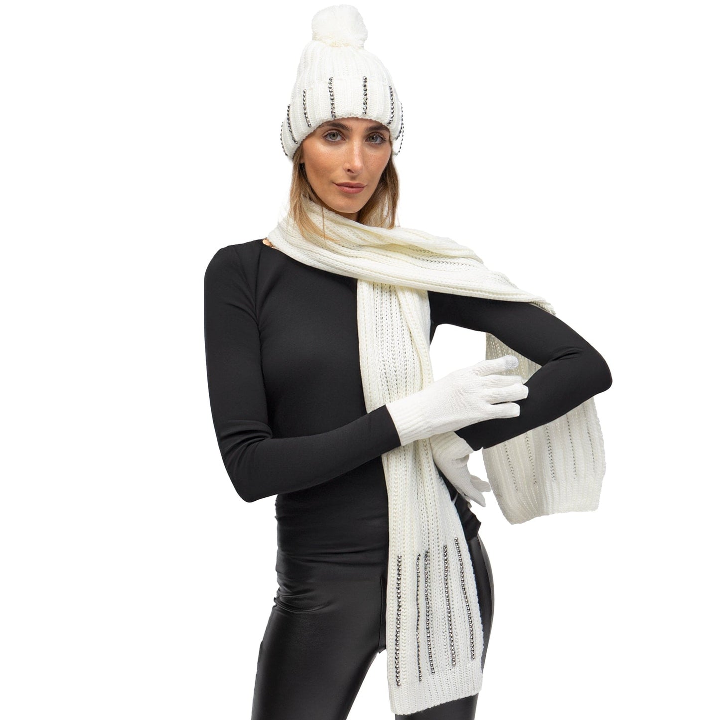 Just Jamie 3 Piece Knit Bling Hat, Scarf, & Gloves Set with Stones