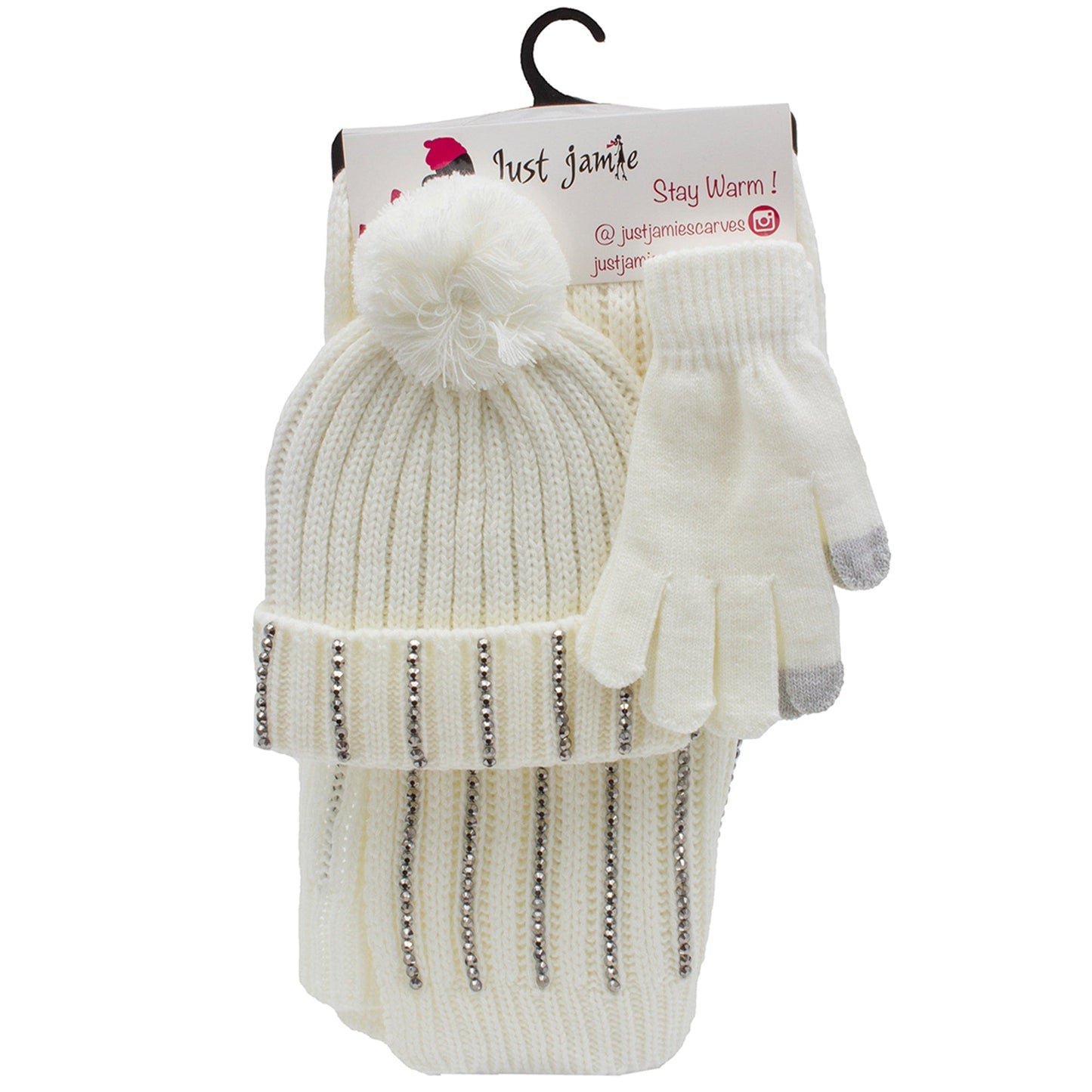 Just Jamie 3 Piece Knit Bling Hat, Scarf, & Gloves Set with Stones