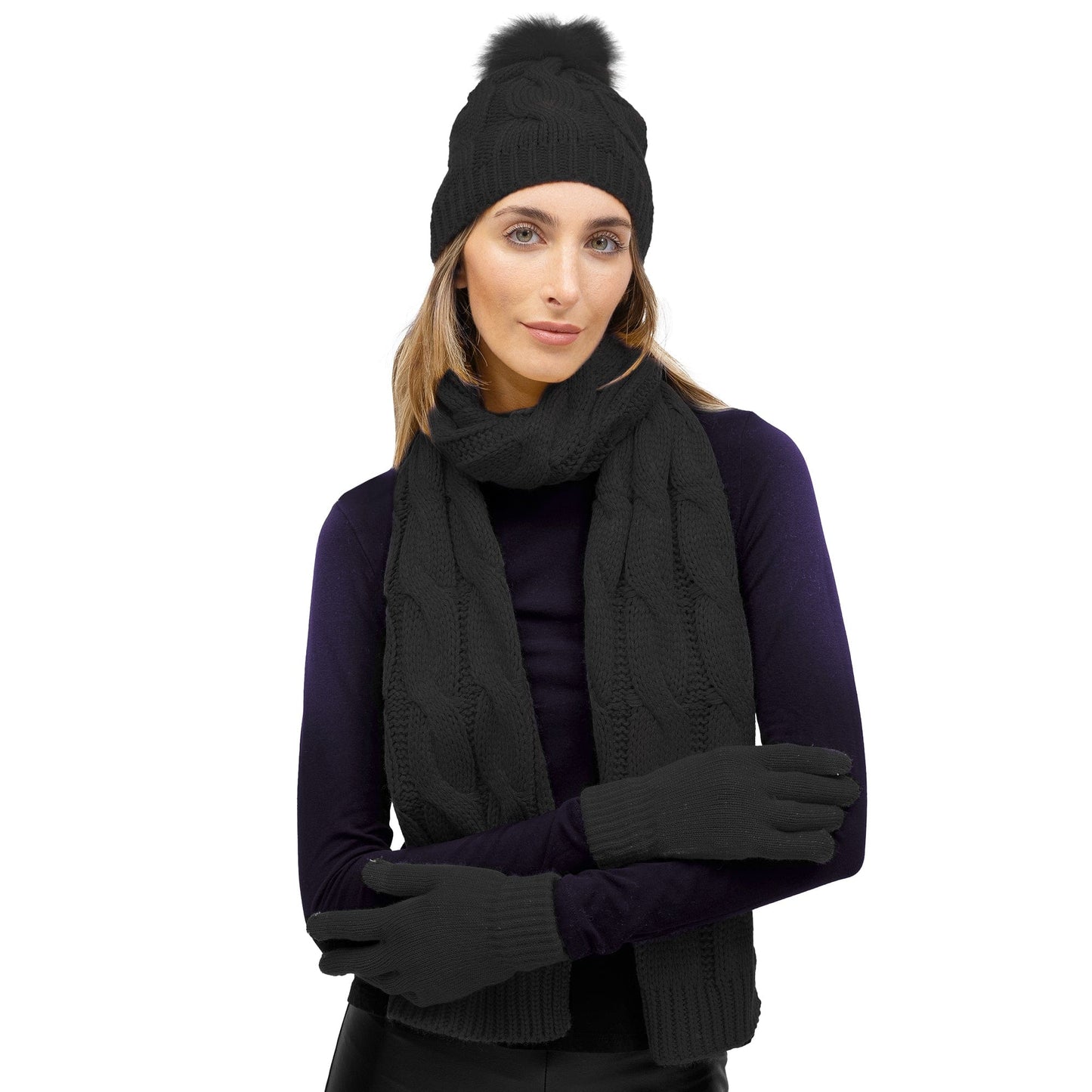 Just Jamie 3 Piece Cable Knit Hat & Glove Set