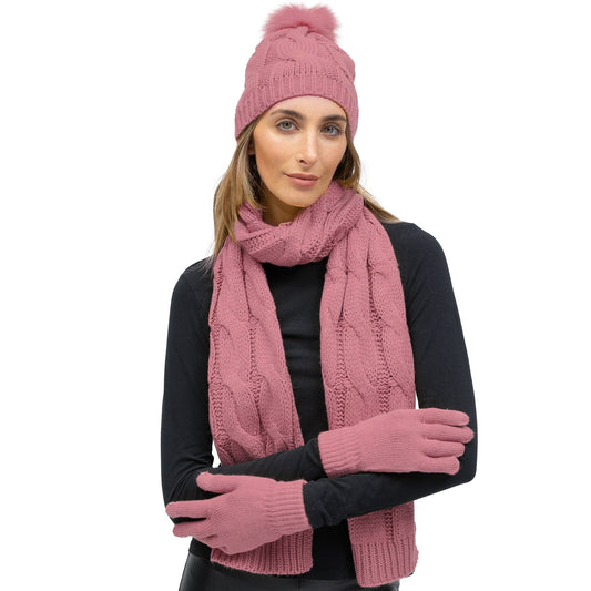 Just Jamie 3 Piece Cable Knit Hat & Glove Set