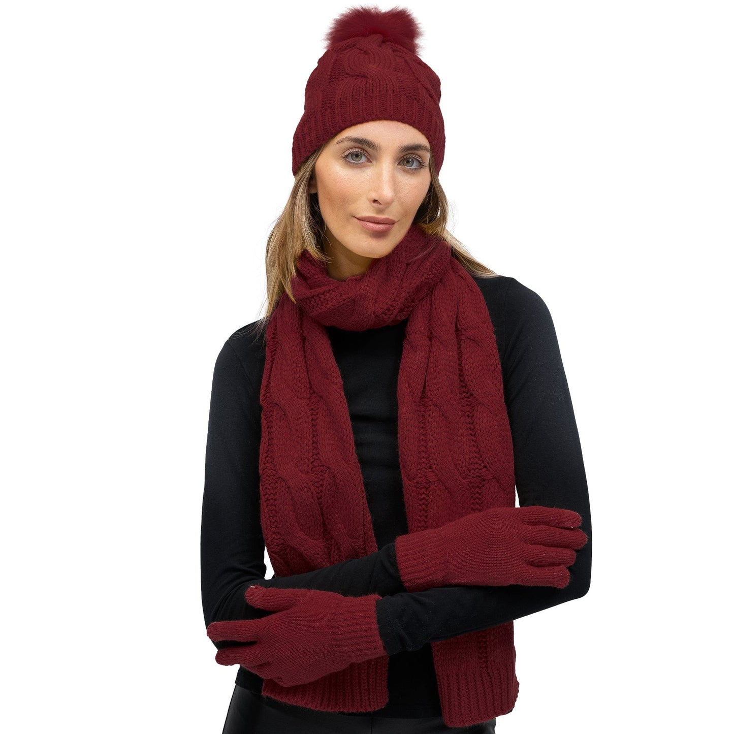 Just Jamie 3 Piece Cable Knit Hat & Glove Set