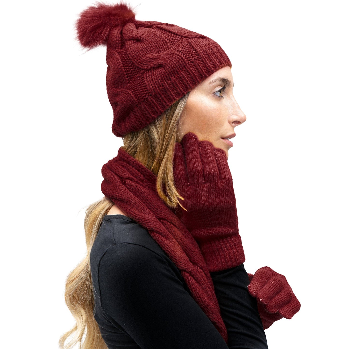 Just Jamie 3 Piece Cable Knit Hat & Glove Set