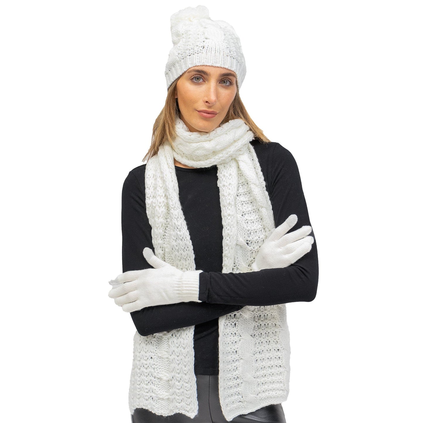 Just Jamie 3 Piece Cable Knit Hat & Glove Set