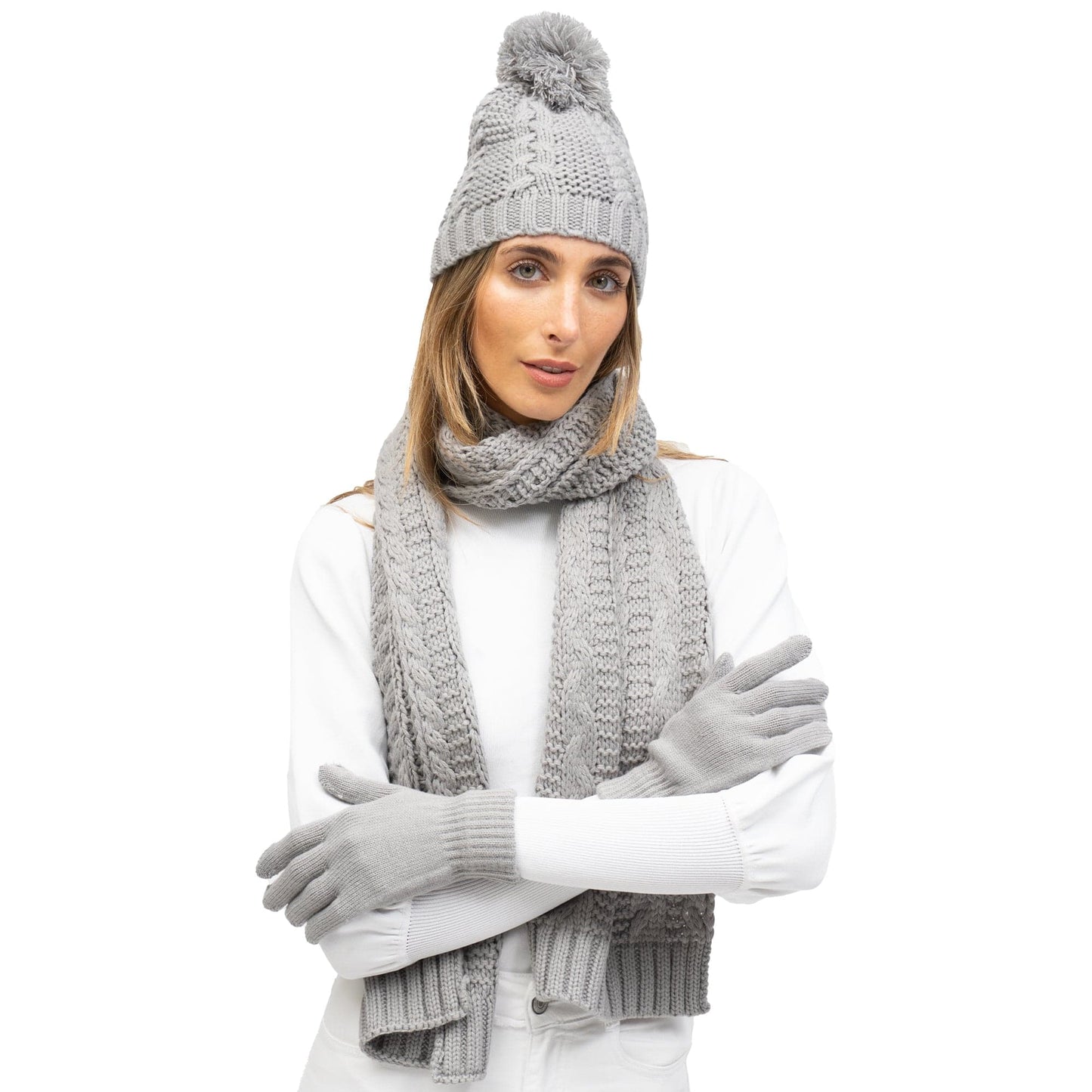 Just Jamie 3 Piece Cable Knit Hat & Glove Set