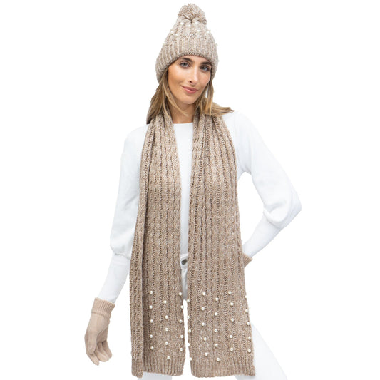 Just Jamie 3-Piece Marled Knit Hat, Scarf, and Gloves Set with Pearls