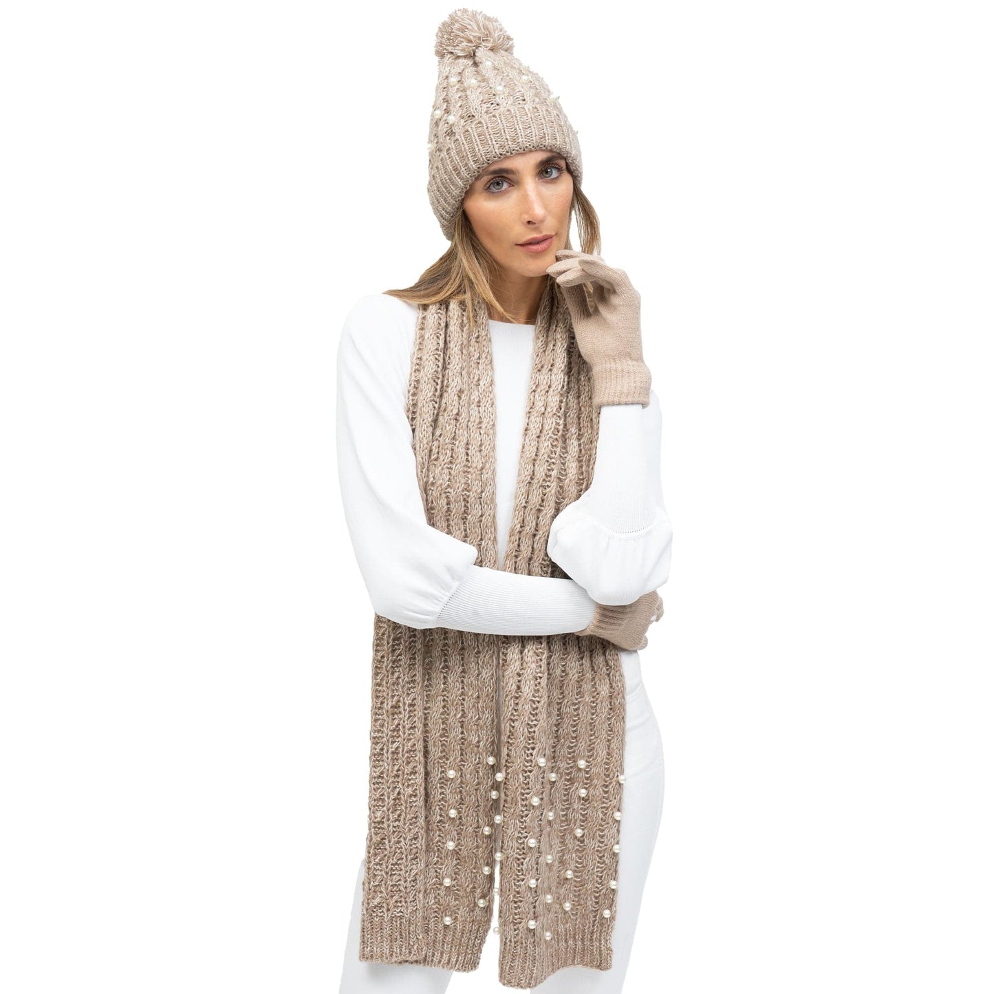 Just Jamie 3-Piece Marled Knit Hat, Scarf, and Gloves Set with Pearls